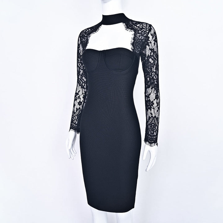 Tailored midi dress with shaping fabric and lace decoration - ALORA