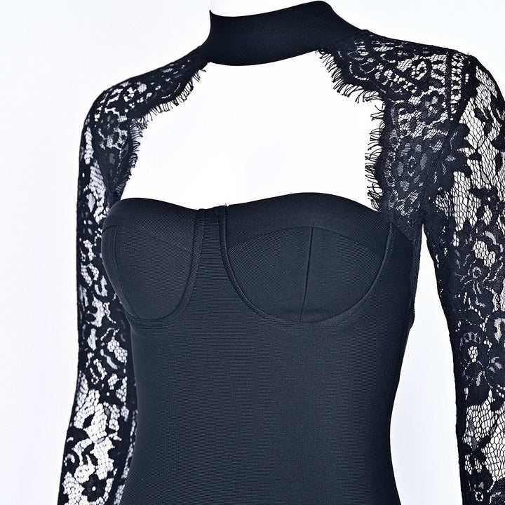 Tailored midi dress with shaping fabric and lace decoration - ALORA