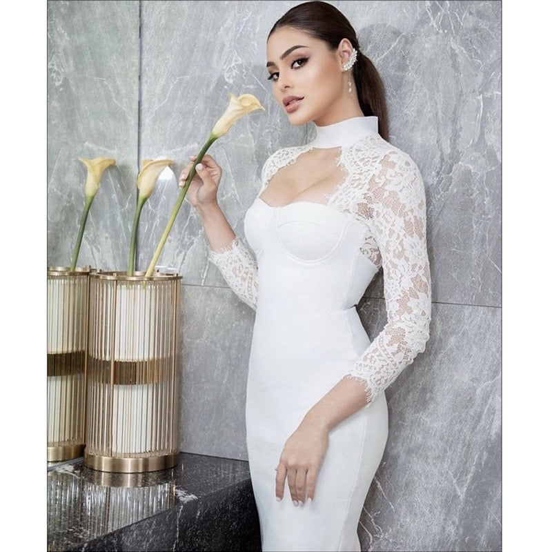 Tailored midi dress with shaping fabric and lace decoration - ALORA