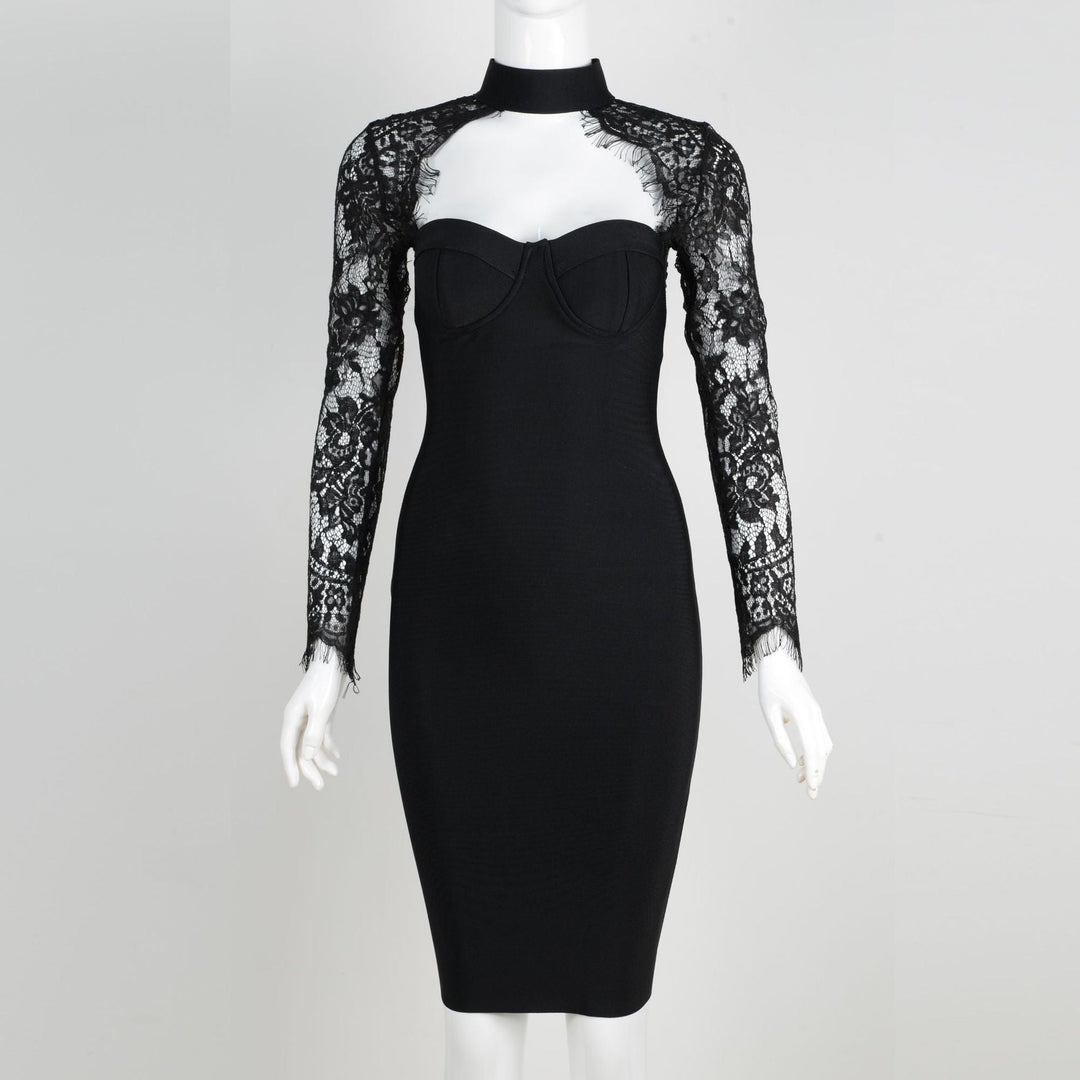 Tailored midi dress with shaping fabric and lace decoration - ALORA