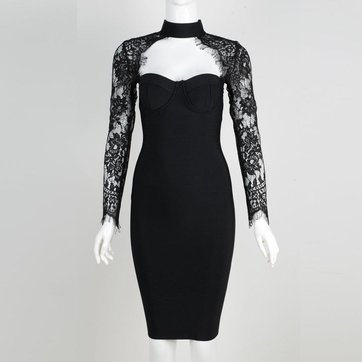 Tailored midi dress with shaping fabric and lace decoration - ALORA