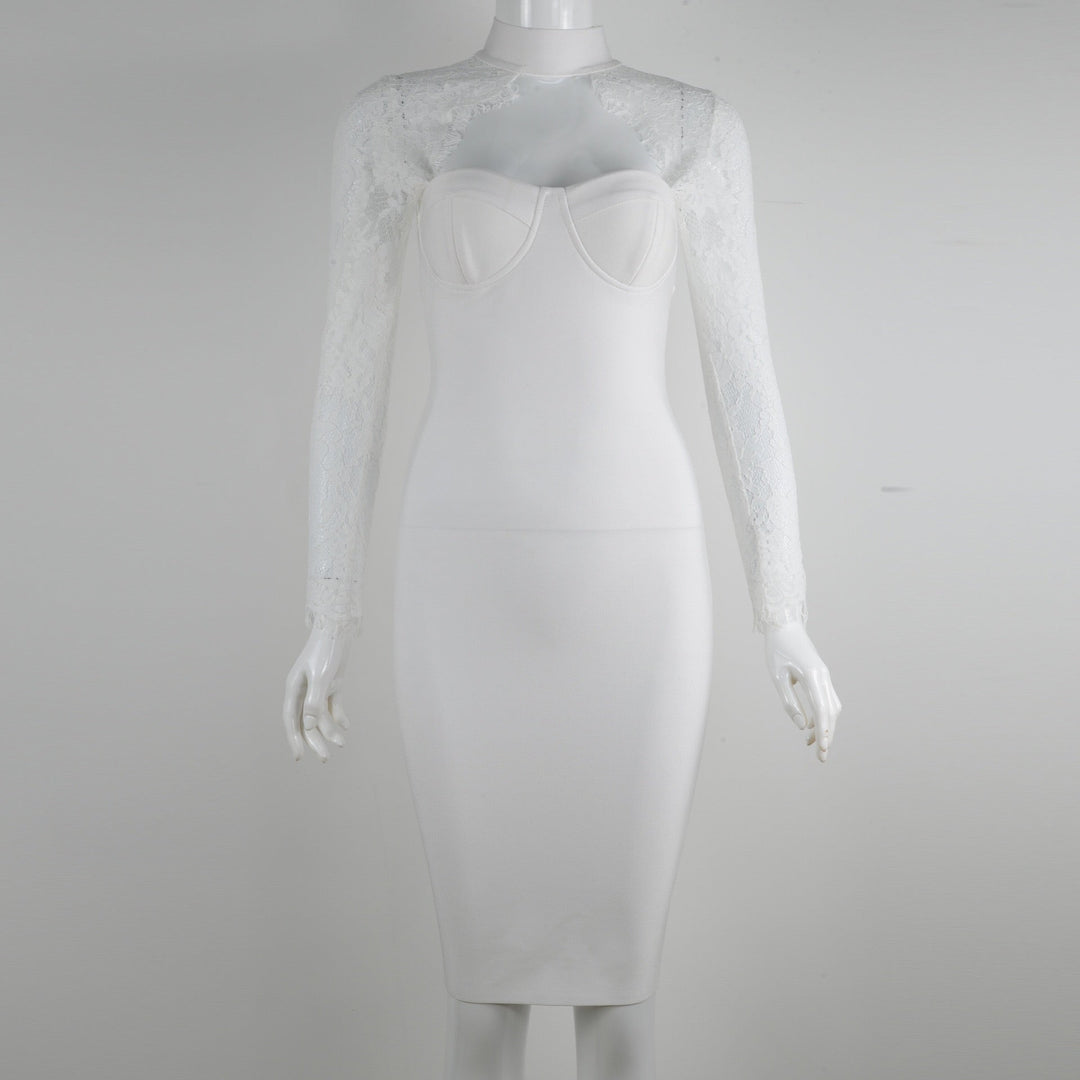 Tailored midi dress with shaping fabric and lace decoration - ALORA