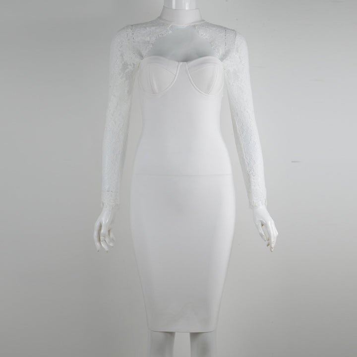 Tailored midi dress with shaping fabric and lace decoration - ALORA