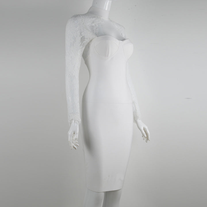 Tailored midi dress with shaping fabric and lace decoration - ALORA