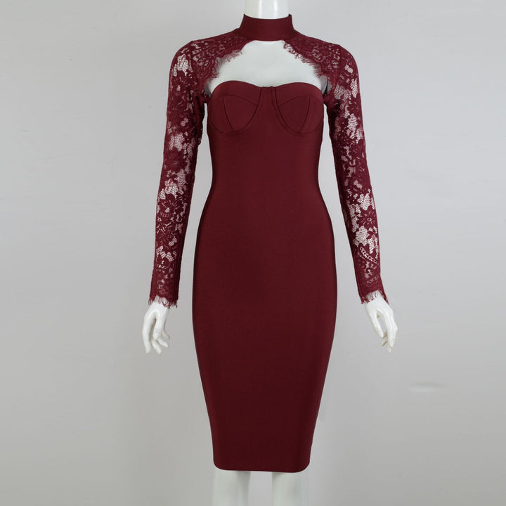 Tailored midi dress with shaping fabric and lace decoration - ALORA
