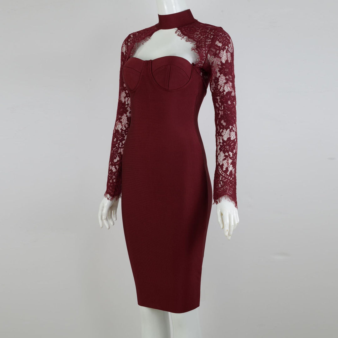 Tailored midi dress with shaping fabric and lace decoration - ALORA