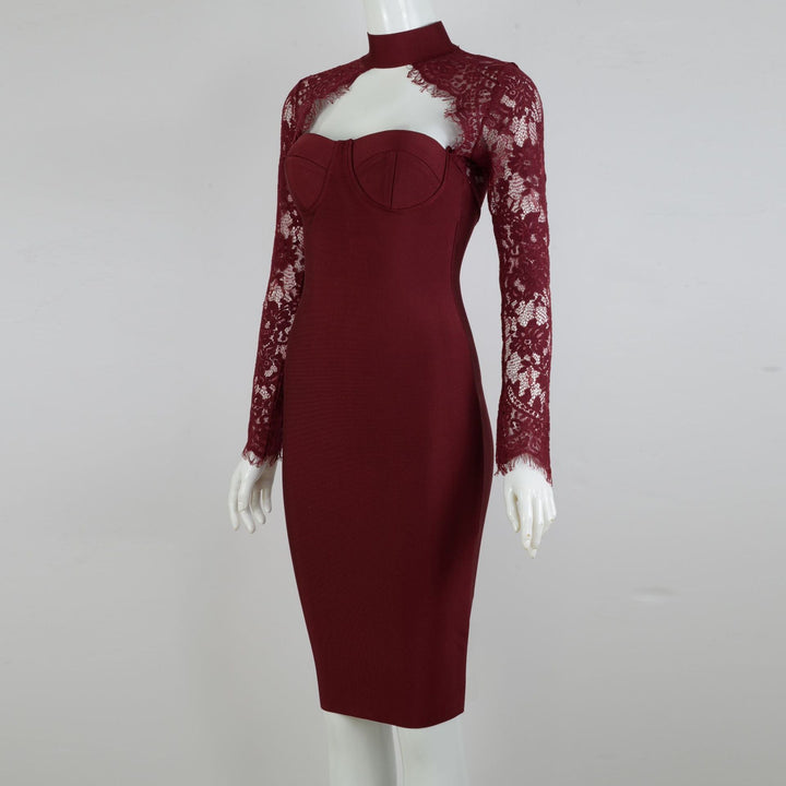 Tailored midi dress with shaping fabric and lace decoration - ALORA
