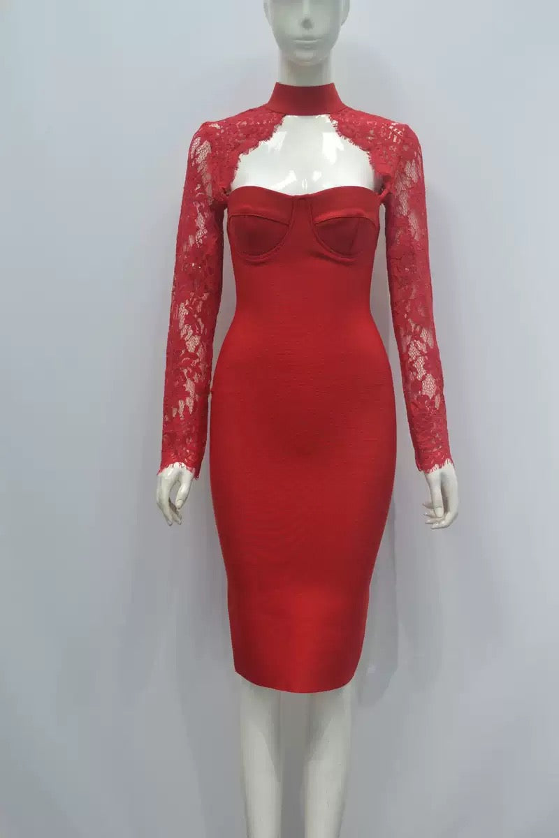 Tailored midi dress with shaping fabric and lace decoration - ALORA