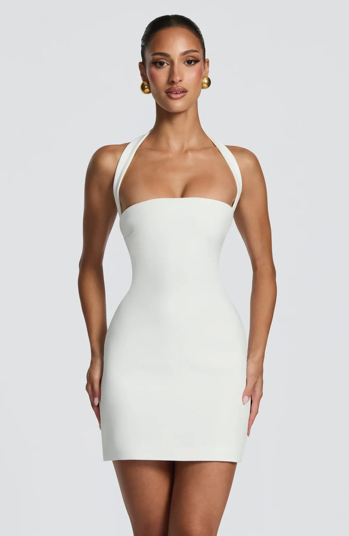 Fitted mini dress in shaping fabric with open-back design – Amor