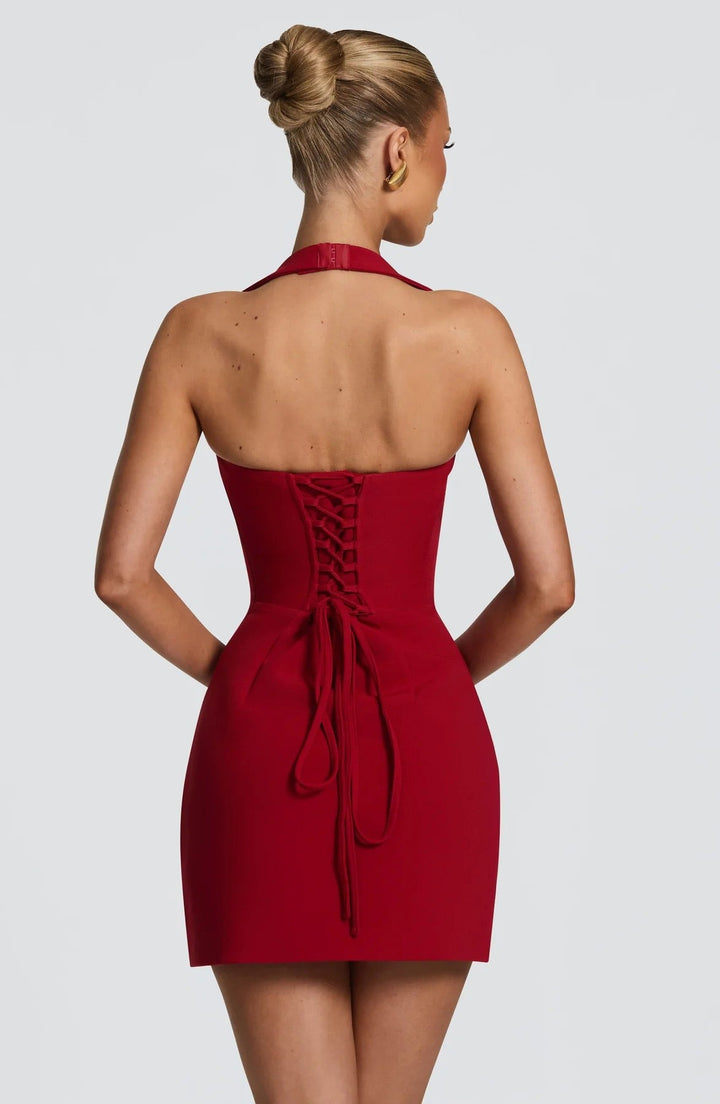 Fitted mini dress in shaping fabric with open-back design – Amor