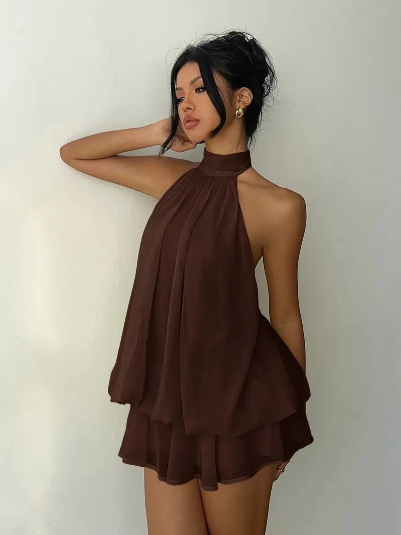Chiffon ruffled mini dress with tiered ruffles, neck tie, and open back – Seychelles