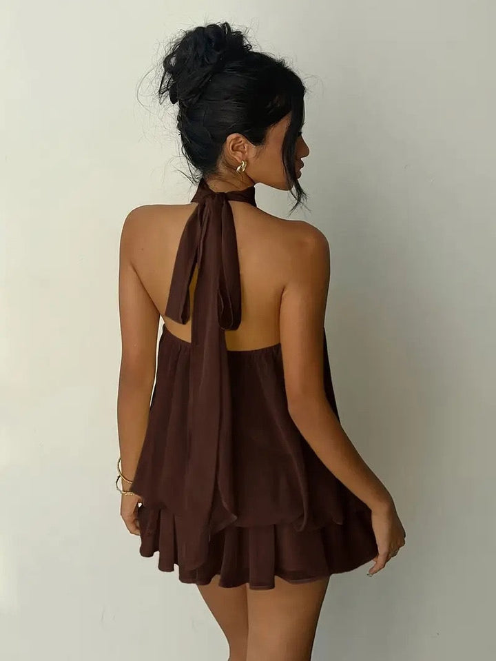 Chiffon ruffled mini dress with tiered ruffles, neck tie, and open back – Seychelles