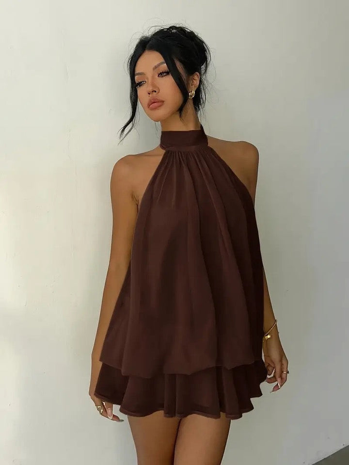 Chiffon ruffled mini dress with tiered ruffles, neck tie, and open back – Seychelles