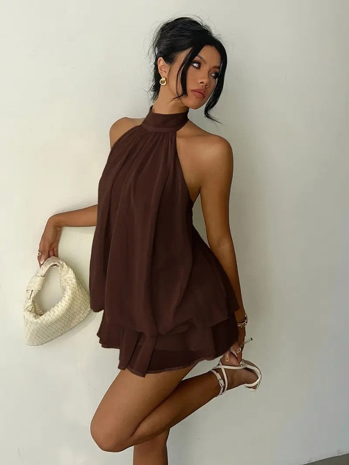 Chiffon ruffled mini dress with tiered ruffles, neck tie, and open back – Seychelles