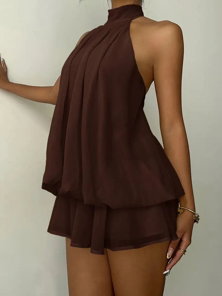 Chiffon ruffled mini dress with tiered ruffles, neck tie, and open back – Seychelles