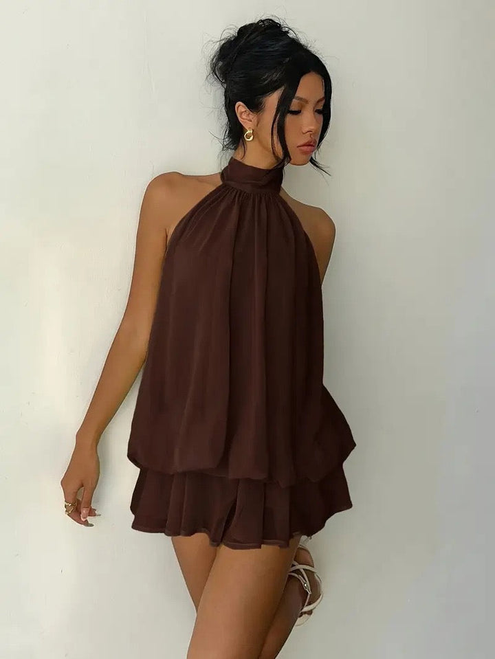 Chiffon ruffled mini dress with tiered ruffles, neck tie, and open back – Seychelles