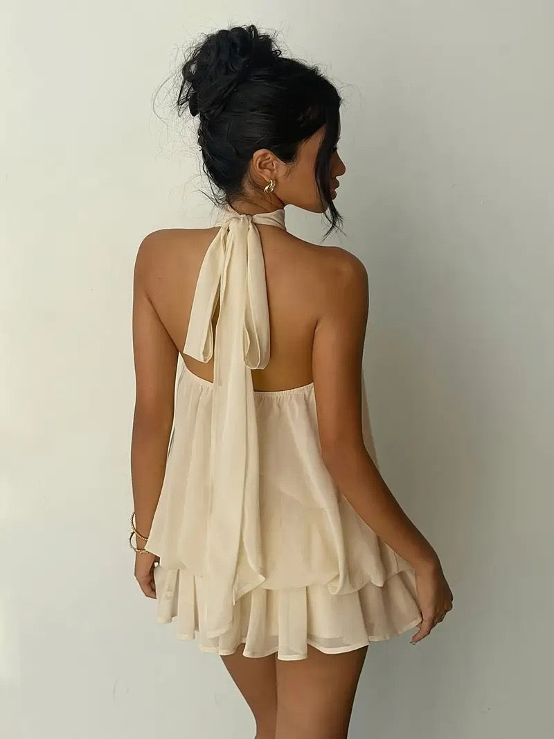 Chiffon ruffled mini dress with tiered ruffles, neck tie, and open back – Seychelles