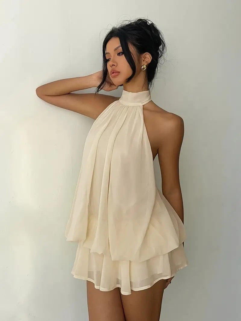 Chiffon ruffled mini dress with tiered ruffles, neck tie, and open back – Seychelles