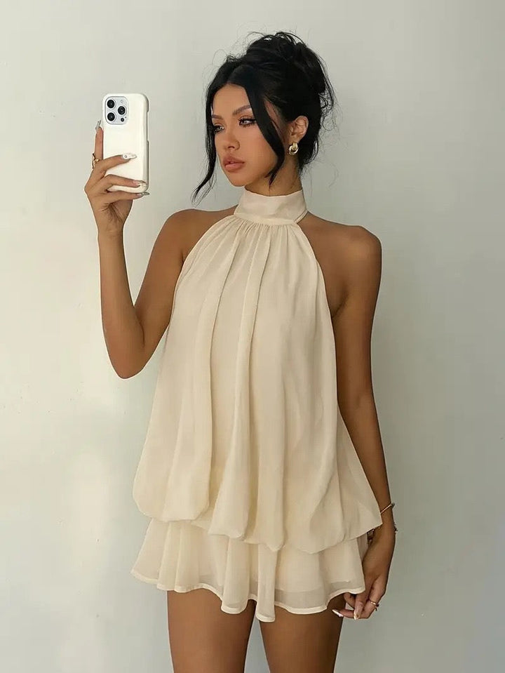 Chiffon ruffled mini dress with tiered ruffles, neck tie, and open back – Seychelles