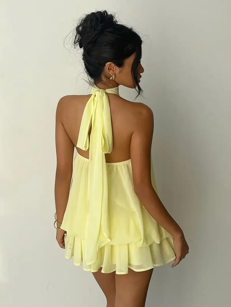 Chiffon ruffled mini dress with tiered ruffles, neck tie, and open back – Seychelles