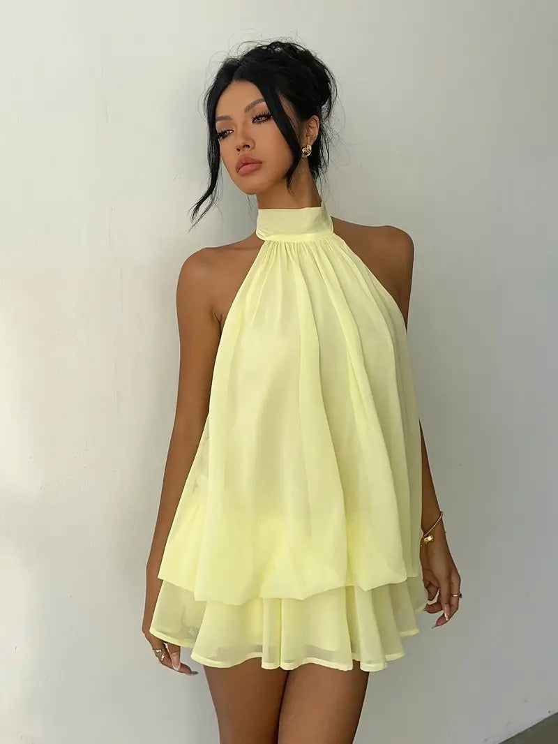 Chiffon ruffled mini dress with tiered ruffles, neck tie, and open back – Seychelles