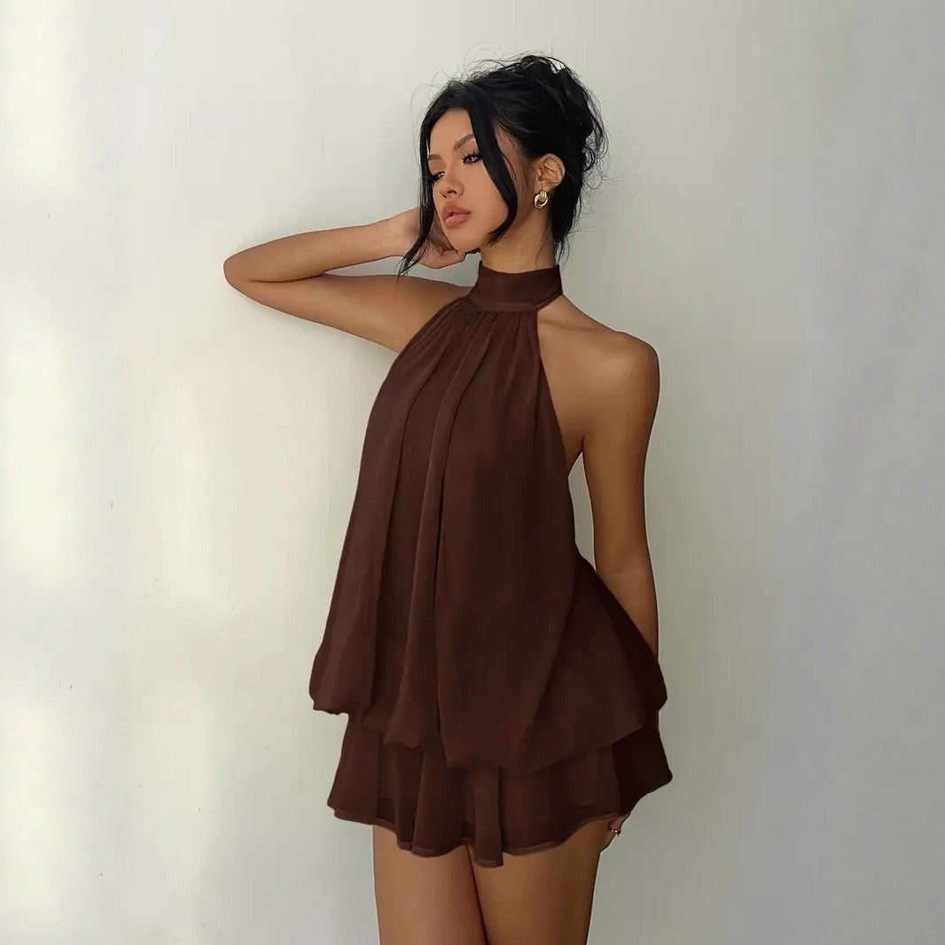 Chiffon ruffled mini dress with tiered ruffles, neck tie, and open back – Seychelles