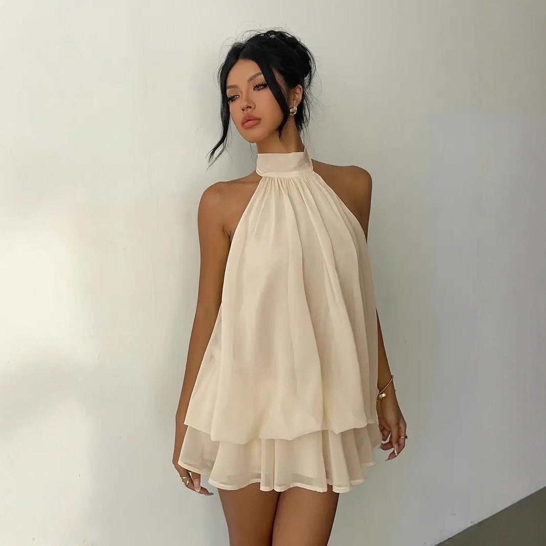 Chiffon ruffled mini dress with tiered ruffles, neck tie, and open back – Seychelles