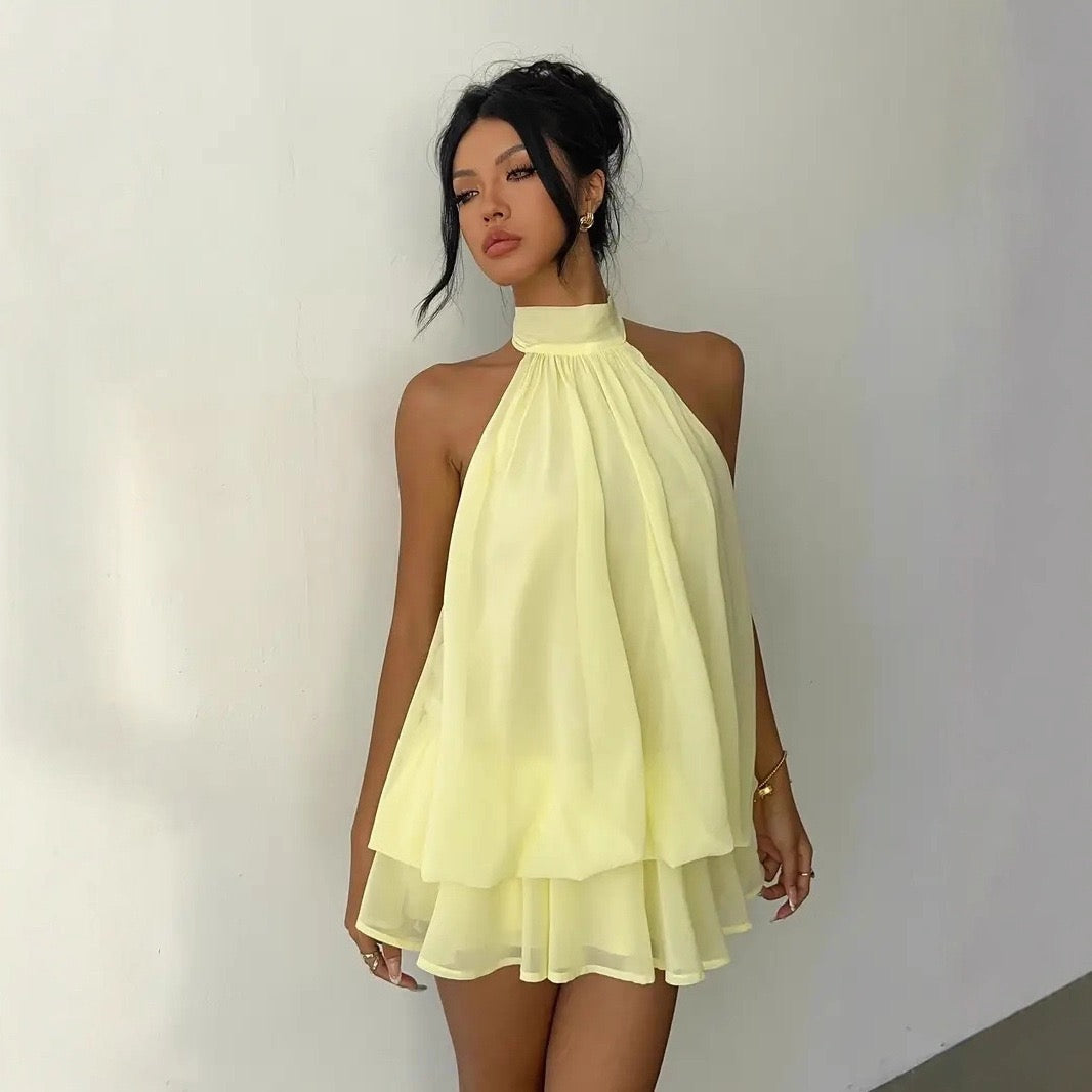 Chiffon ruffled mini dress with tiered ruffles, neck tie, and open back – Seychelles
