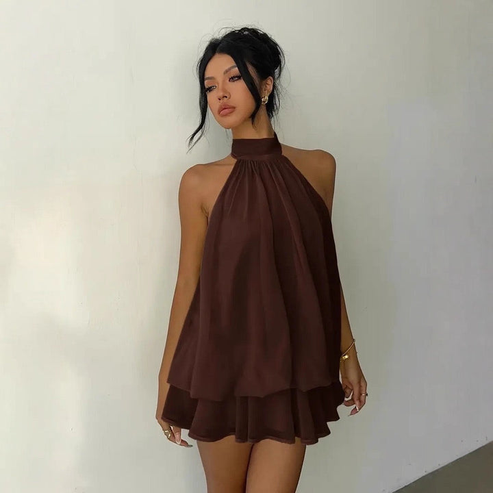 Chiffon ruffled mini dress with tiered ruffles, neck tie, and open back – Seychelles