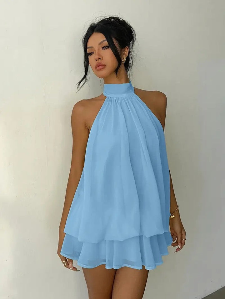 Chiffon ruffled mini dress with tiered ruffles, neck tie, and open back – Seychelles