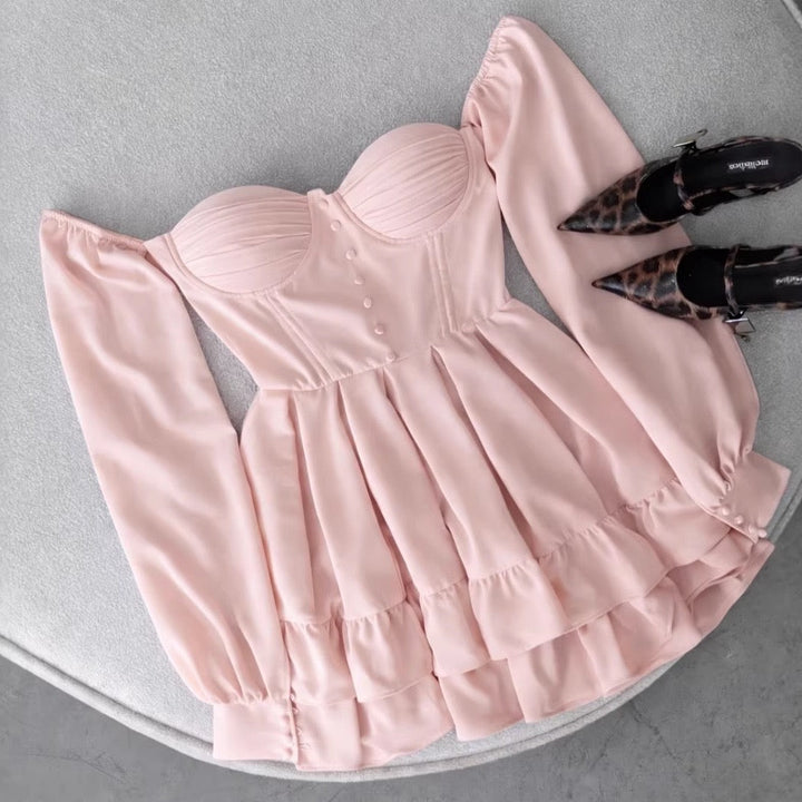 שמלת מיני סאטן מדורגת בעיצוב כפתורים בגזרת A - HLINA