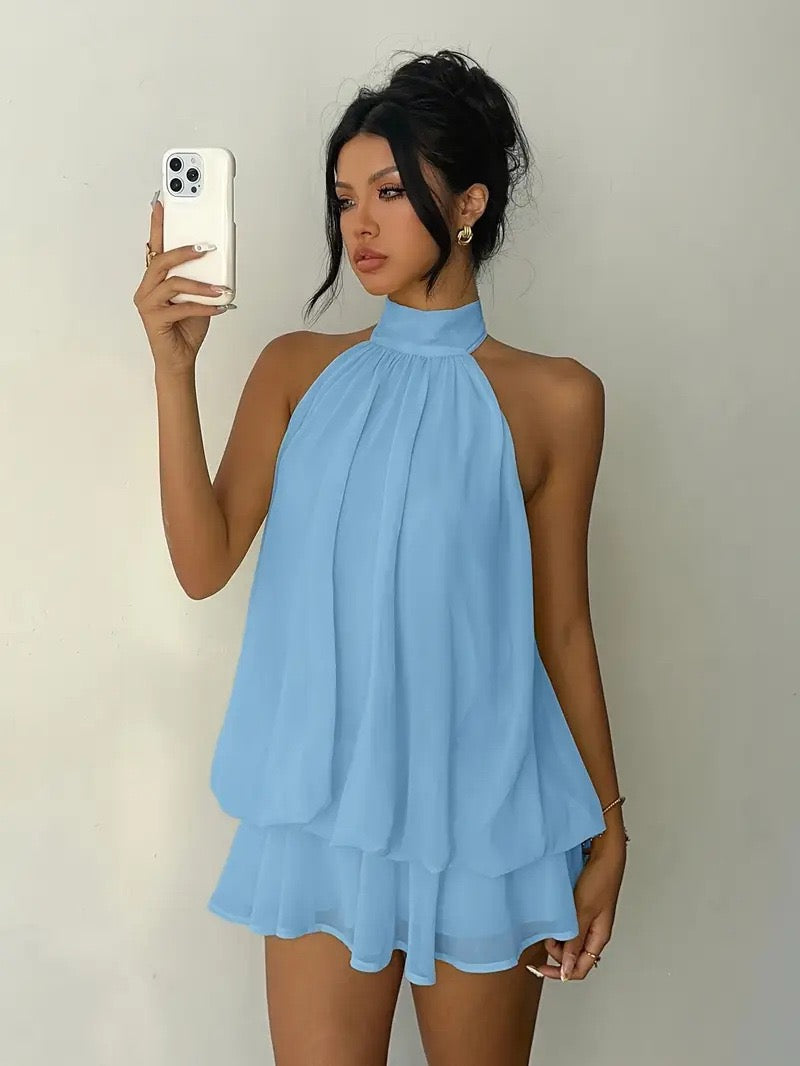 Chiffon ruffled mini dress with tiered ruffles, neck tie, and open back – Seychelles