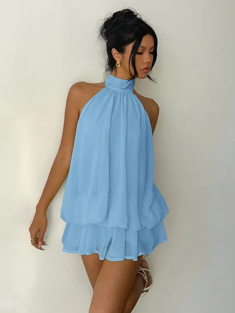 Chiffon ruffled mini dress with tiered ruffles, neck tie, and open back – Seychelles