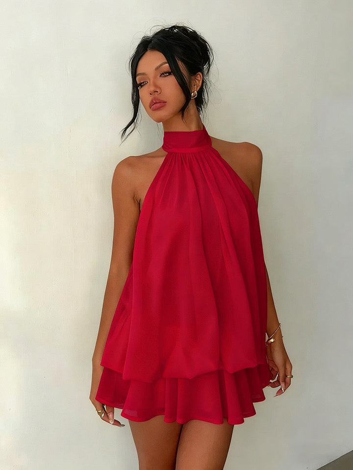 Chiffon ruffled mini dress with tiered ruffles, neck tie, and open back – Seychelles