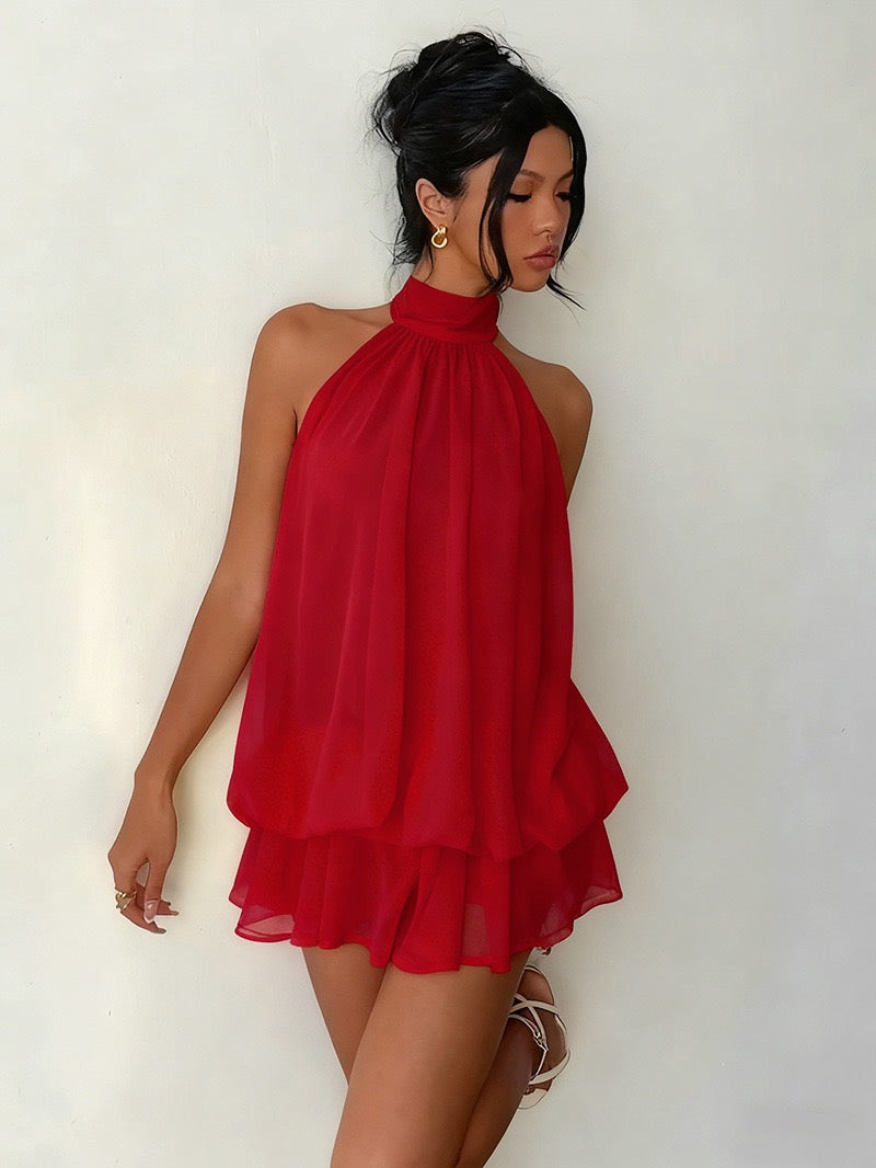 Chiffon ruffled mini dress with tiered ruffles, neck tie, and open back – Seychelles