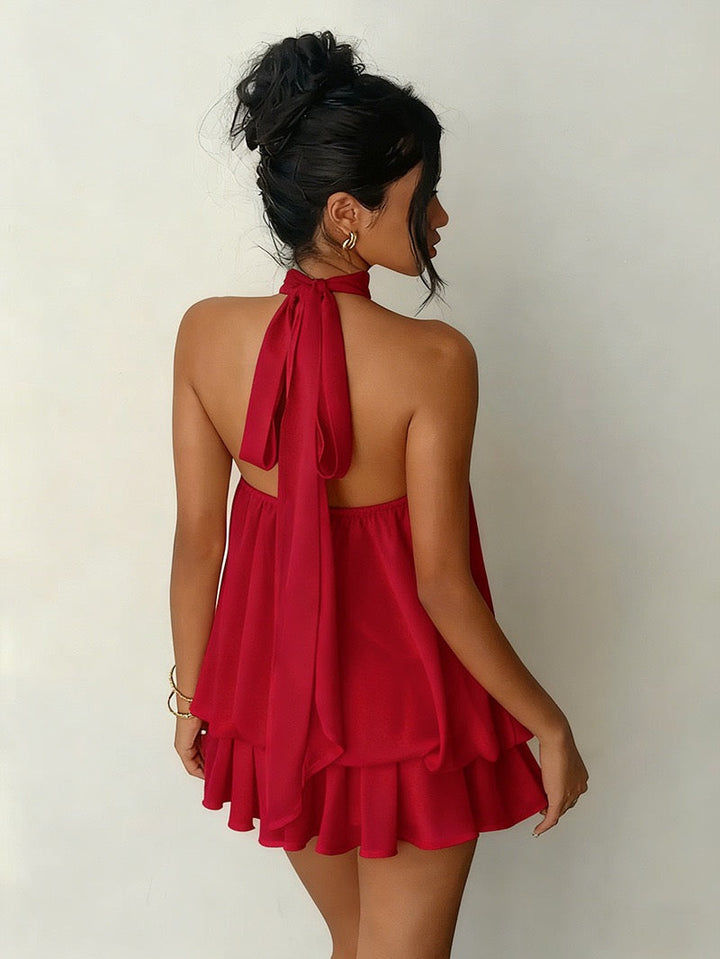 Chiffon ruffled mini dress with tiered ruffles, neck tie, and open back – Seychelles