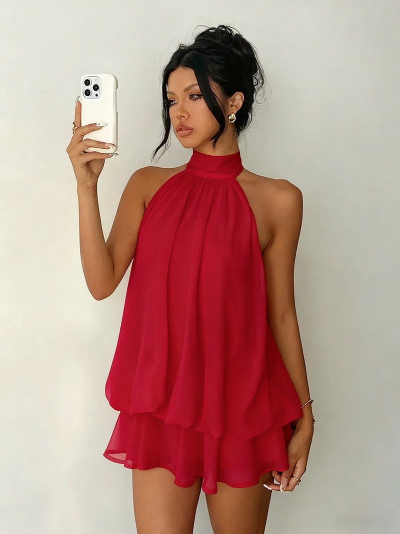 Chiffon ruffled mini dress with tiered ruffles, neck tie, and open back – Seychelles