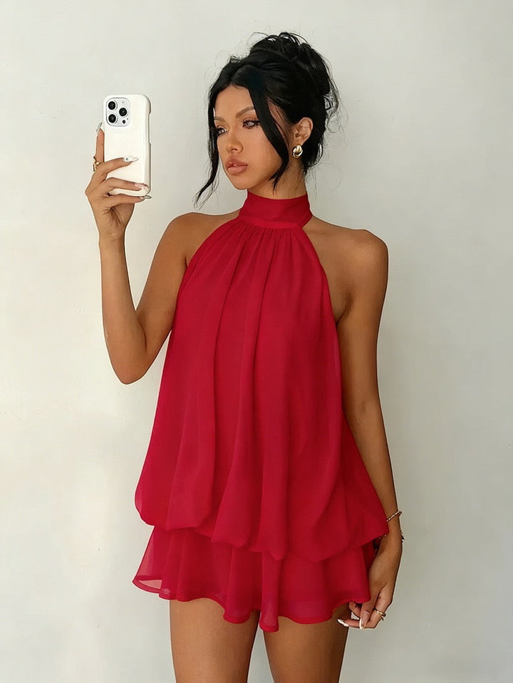 Chiffon ruffled mini dress with tiered ruffles, neck tie, and open back – Seychelles