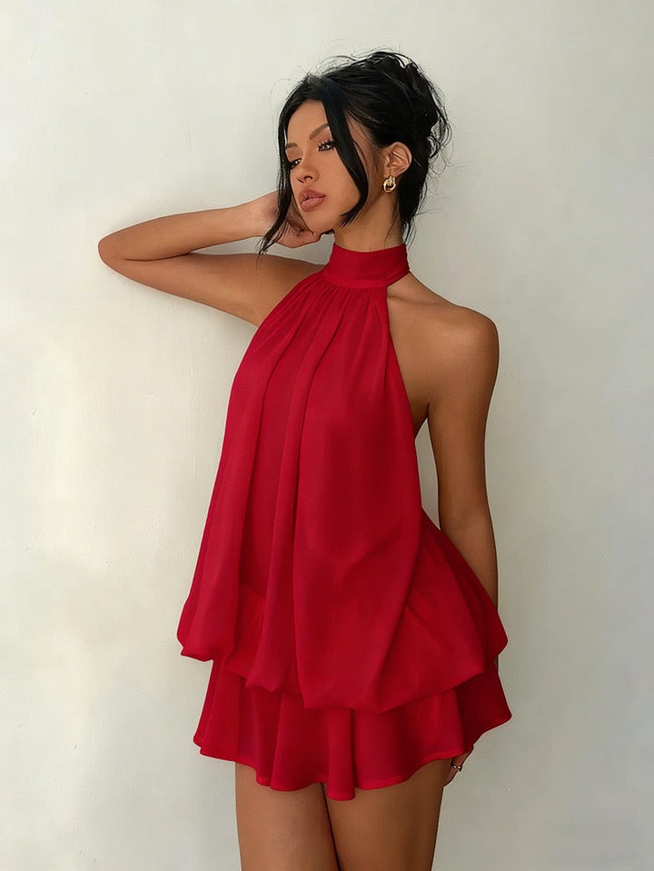 Chiffon ruffled mini dress with tiered ruffles, neck tie, and open back – Seychelles
