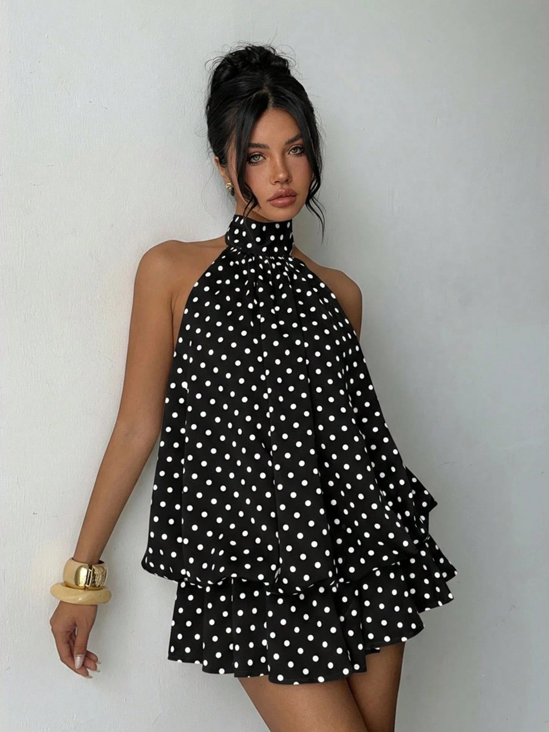 Chiffon ruffled mini dress with tiered ruffles, neck tie, and open back – Seychelles