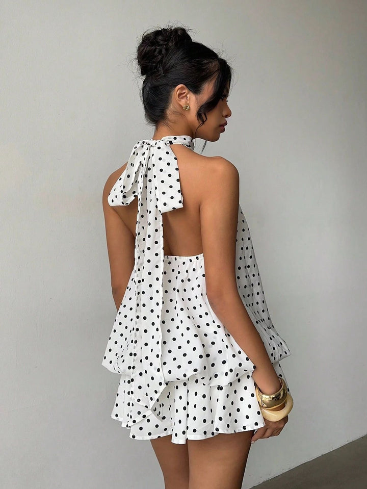 Chiffon ruffled mini dress with tiered ruffles, neck tie, and open back – Seychelles