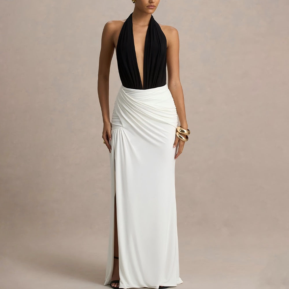 Open-back collar maxi dress with gathers and slit design - Tiran