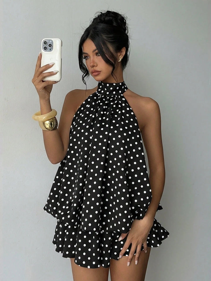 Chiffon ruffled mini dress with tiered ruffles, neck tie, and open back – Seychelles