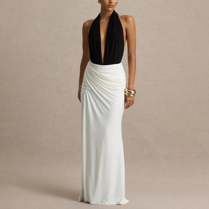 Open-back collar maxi dress with gathers and slit design - Tiran
