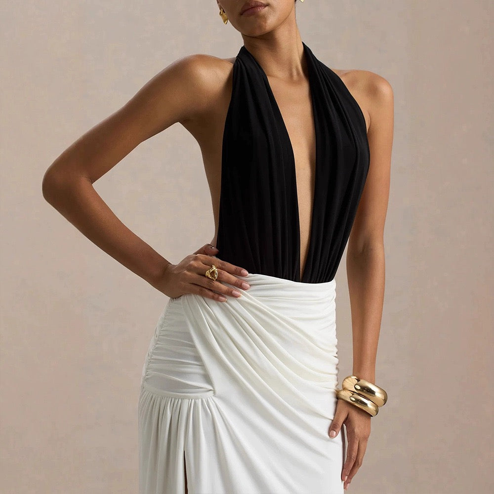 Open-back collar maxi dress with gathers and slit design - Tiran