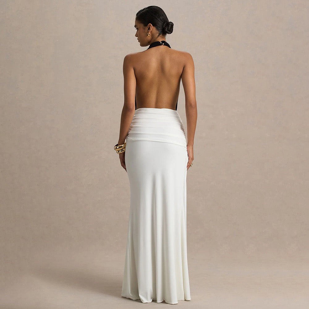 Open-back collar maxi dress with gathers and slit design - Tiran