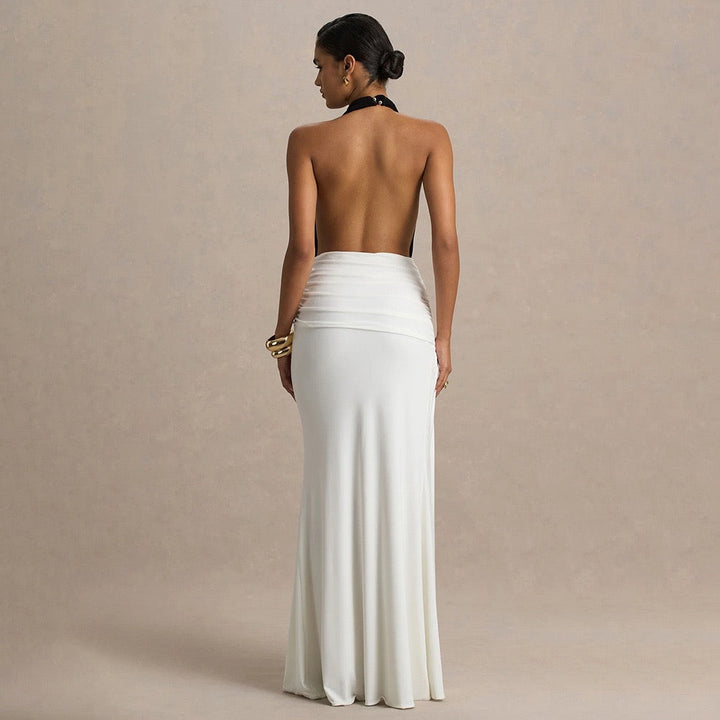 Open-back collar maxi dress with gathers and slit design - Tiran