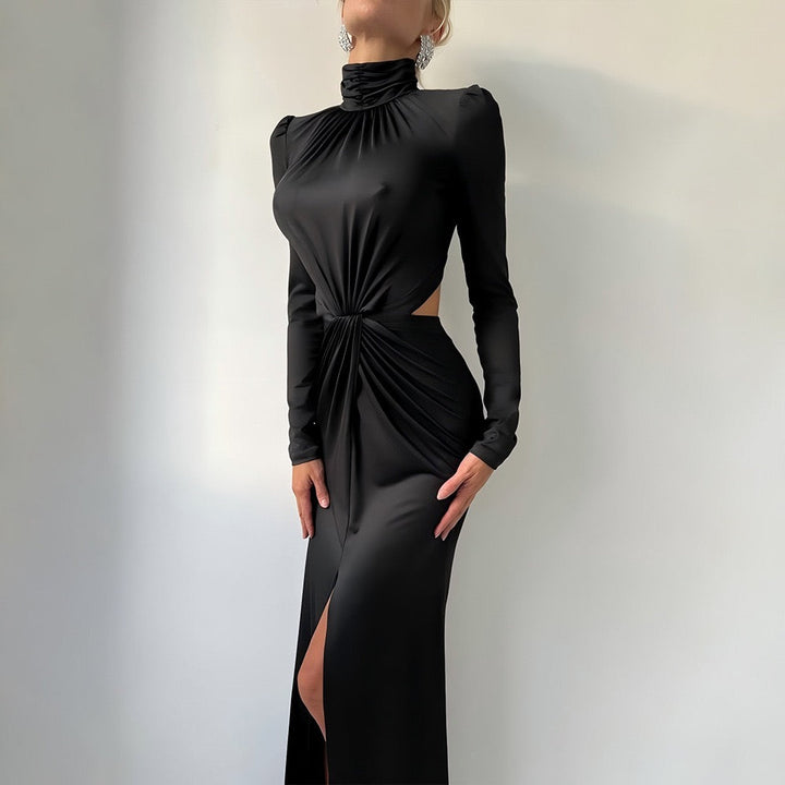 Maxi golf dress with zipper closure and open back and slit design - Noyal