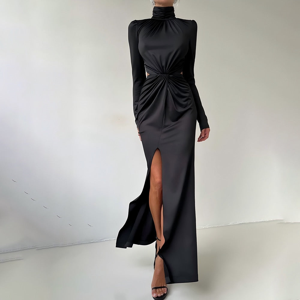 Maxi golf dress with zipper closure and open back and slit design - Noyal