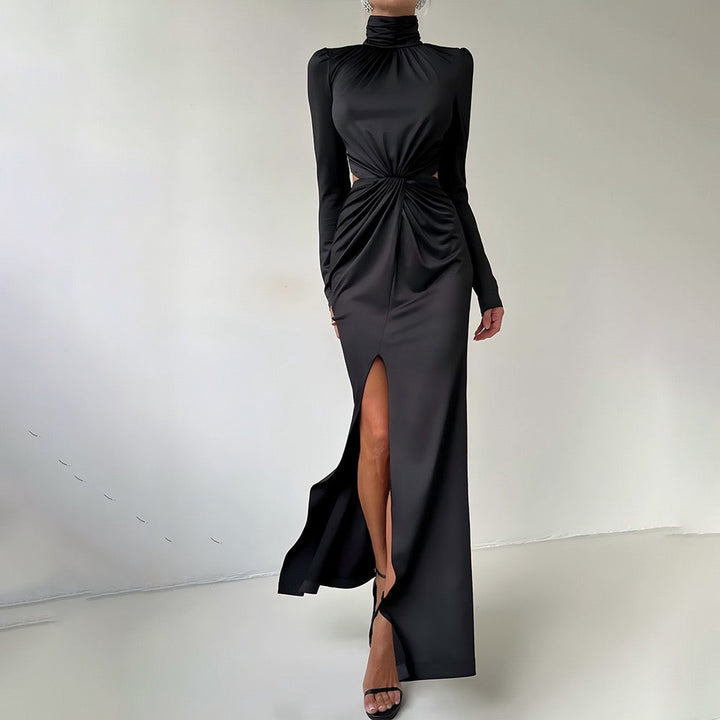 Maxi golf dress with zipper closure and open back and slit design - Noyal